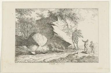 Landschap met twee figuren bij een rots