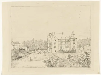 Zijaanzicht van kasteel de Cannenburch met huizen bij de toegangsbrug
