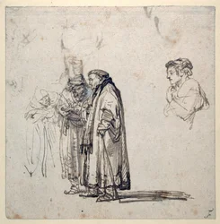 Een groep oudere geleerden en, afzonderlijk, een jonger mannenprofiel