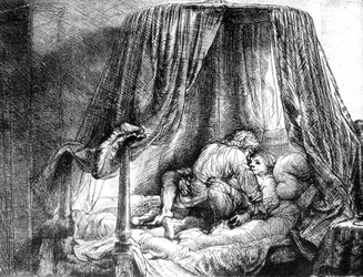 Koppel dat de liefde bedrijft in bed, gravure door Rembrandt van Rijn (1606-1669) 1646