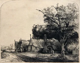 Landschap met drie hutten