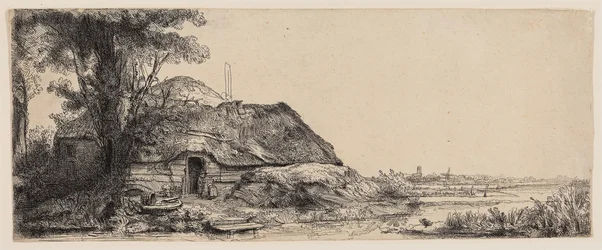 Landschap met een huisje en een grote boom