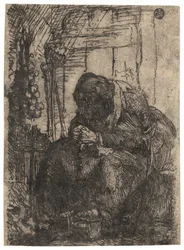 Oude vrouw zittend in een huisje met een snoer uien aan de muur, ca. 1629 (ets)