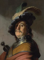 Portret van een man met een borstplaat en een gevederde baret