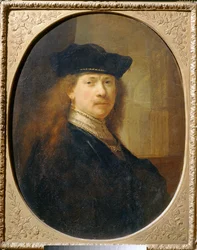 Rembrandt met koksmuts tegen een architectonische achtergrond ...