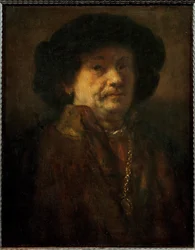 Rembrandt, zelfportret in een bontjas met gouden ketting en oorbel (olieverf op eikenhout)