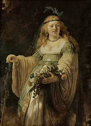 Saskia van Uylenborgh, de eerste vrouw van de kunstenaar, in arcadisch kostuum (olieverf op doek)