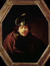 Zelfportret met helm (schilderij op doek)