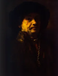 Zelfportret in een bontjas met gouden ketting en oorbel