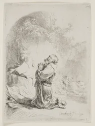 St. Hiëronymus biddend: Gebogen prent