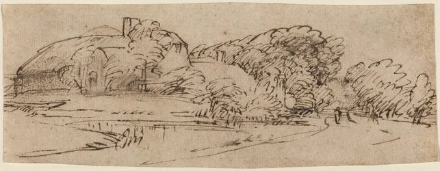 Een landschap met boerderijgebouwen tussen de bomen