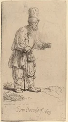 Een boer met een hoge pet, staand leunend op een stok