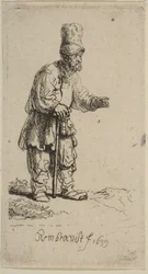 Een boer met een hoge pet, staand leunend op een stok, 1639