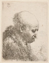 Kale man (Rembrandts vader) in profiel naar rechts; kleine buste