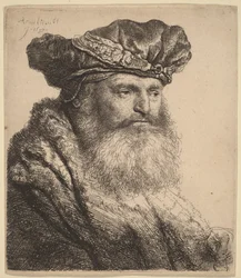 Een man met een baard, met een fluwelen muts met een juwelenklem