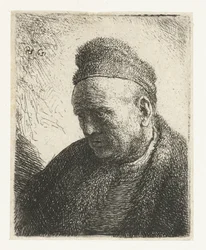 Beardless man in a fur cloak and cap: bust