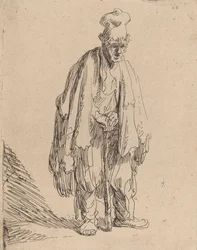 Bedelaar met een hoge muts, staand en leunend op een stok, ca. 1630