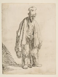 Bedelaar met een Hoge Hoed, Staand en Leunend op een Stok, ca. 1629