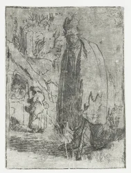 Bedelaar met een huisje en twee figuren op de achtergrond