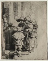 Bedelaars ontvangen aalmoezen aan de deur van een huis, 1648