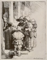 Bedelaars ontvangen aalmoezen aan de deur van een huis, 1648