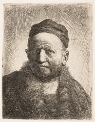 Buste van een man (Rembrandts vader) in vooraanzicht, met een nauwsluitende muts op