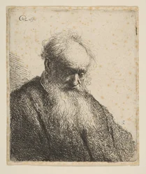 Buste van een oude man met vloeiende baard: het hoofd driekwart naar rechts