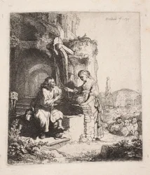Christus en de Samaritaanse vrouw te midden van de ruïnes (verticale prent)