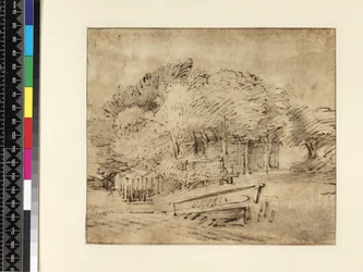 Boerderij onder bomen, met een voetbrug