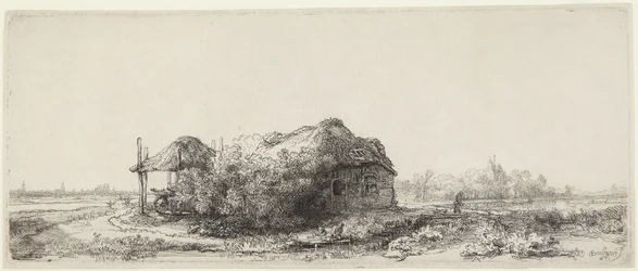 Landschap met huisjes en een hooischuur