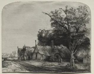 Landschap met Drie Huisjes met Gevels naast een Weg