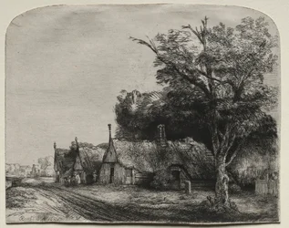 Landschap met drie huizen met puntgevels naast een weg, 1650