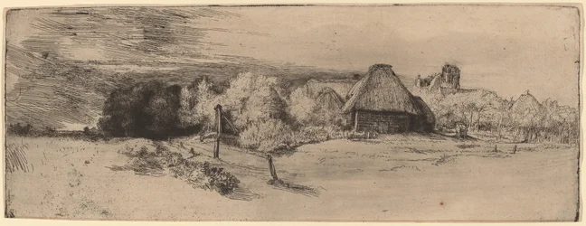 Landschap met bomen, boerderijen en een toren