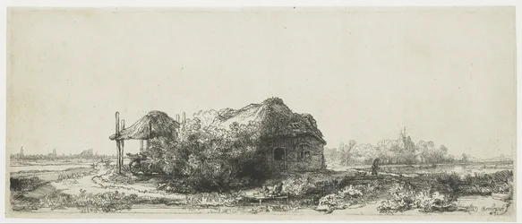 Landschap met een huisje en een hooischuur