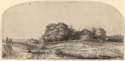 Landschap met hooischuur en een kudde schapen