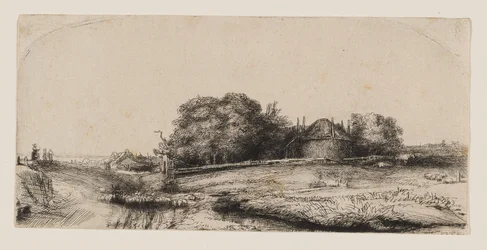 Landschap met een hooischuur en een kudde schapen
