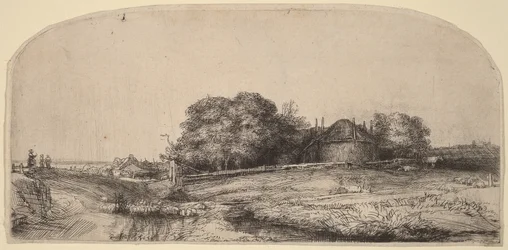 Landschap met een hooischuur en een kudde schapen