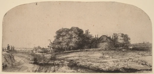Landschap met een hooischuur en een kudde schapen
