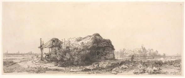 Landschap met een huisje en een hooischuur: langwerpig