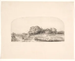 Landschap met een hooischuur en een kudde schapen