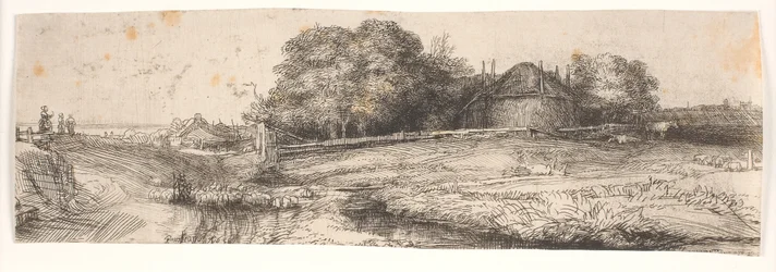 Landschap met een hooischuur en een kudde schapen