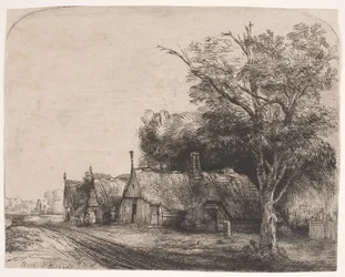 Landschap met drie huizen met puntgevels langs een weg