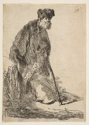 Man in een jas en bontmuts leunend tegen een bank, ca. 1630