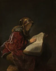Oude vrouw die leest, waarschijnlijk de profetes Anna