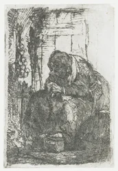 Oude vrouw met uien, zittend in een hut