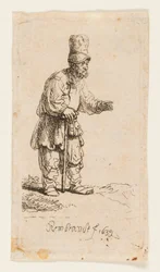 Boer met een hoge pet, leunend op een stok