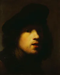 Portret van de kunstenaar, hoofd en schouders, in een zwarte baret en een gorget