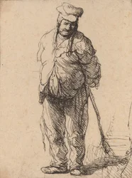 Haveloze boer met zijn handen achter zich, met een stok, ca. 1630
