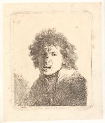Rembrandt met ontbloot hoofd en open mond, alsof hij schreeuwt: buste