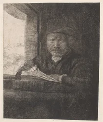 Rembrandt tekent bij een raam